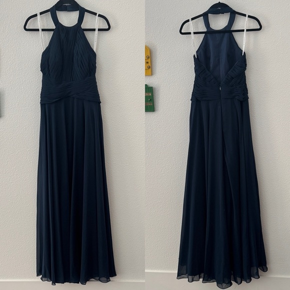 Azazie Junior Bridesmaid Long Maxi Dress Dark Navy Size J10/J12 Pleated Chiffon - Picture 1 of 12
